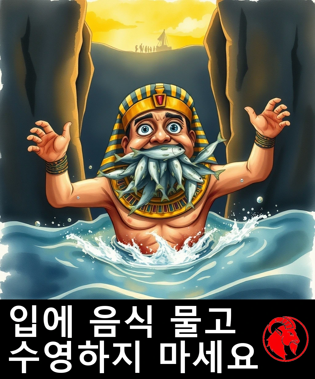 겁에 질린 이집트 파라오가 갈라진 바다의 우뚝 솟은 두 물벽 사이에서 허우적거리고 있다. 입에는 은빛 물고기가 가득 물려 있고, 멀리 기슭에서는 해방된 사람들이 기뻐하고 있다.