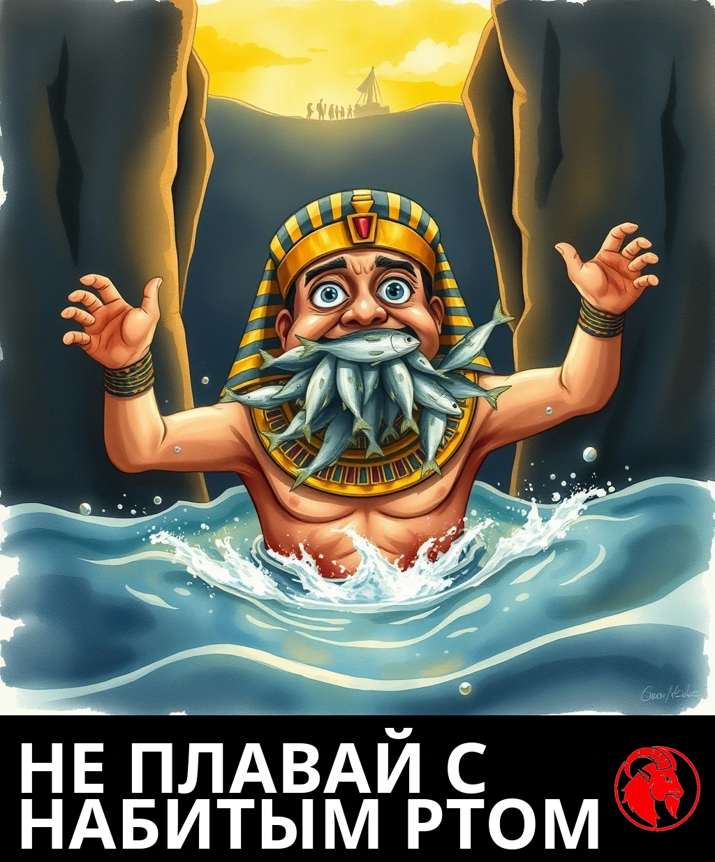 Перепуганный египетский фараон барахтается в воде между двумя громадными стенами расступившегося моря, рот его набит серебристой рыбой, а на дальнем берегу празднует освобождённый народ.
