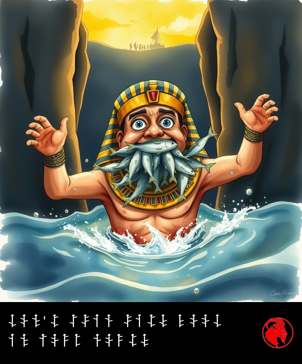 A panicked Egyptian pharaoh treads water between two towering walls of parted sea, his mouth crammed with silver fish, while freed people celebrate on the distant shore.