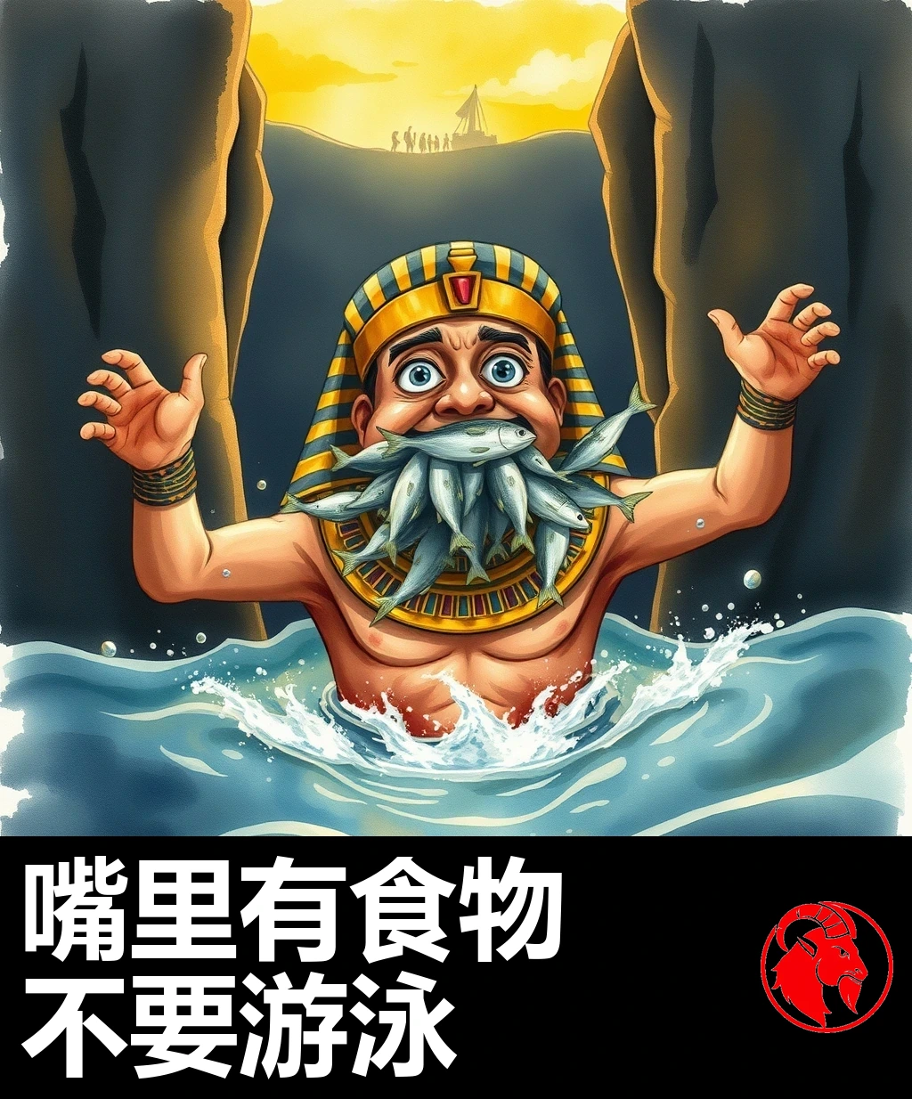 惊慌的埃及法老在被分开的大海两堵高耸水墙之间扑腾，嘴里塞满银色的鱼，远处的岸上，获得自由的人们正在欢庆。