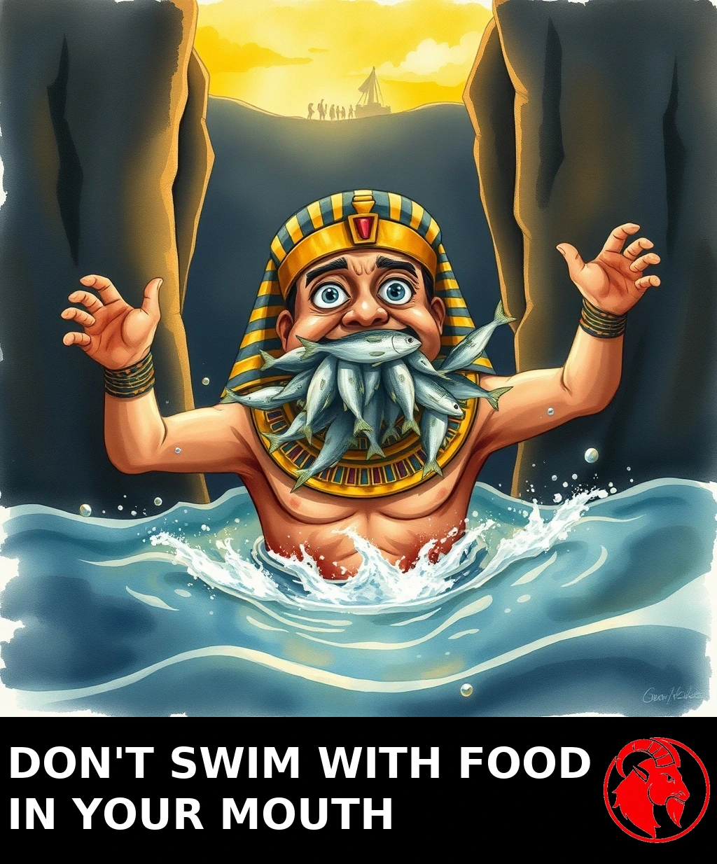 A panicked Egyptian pharaoh treads water between two towering walls of parted sea, his mouth crammed with silver fish, while freed people celebrate on the distant shore.