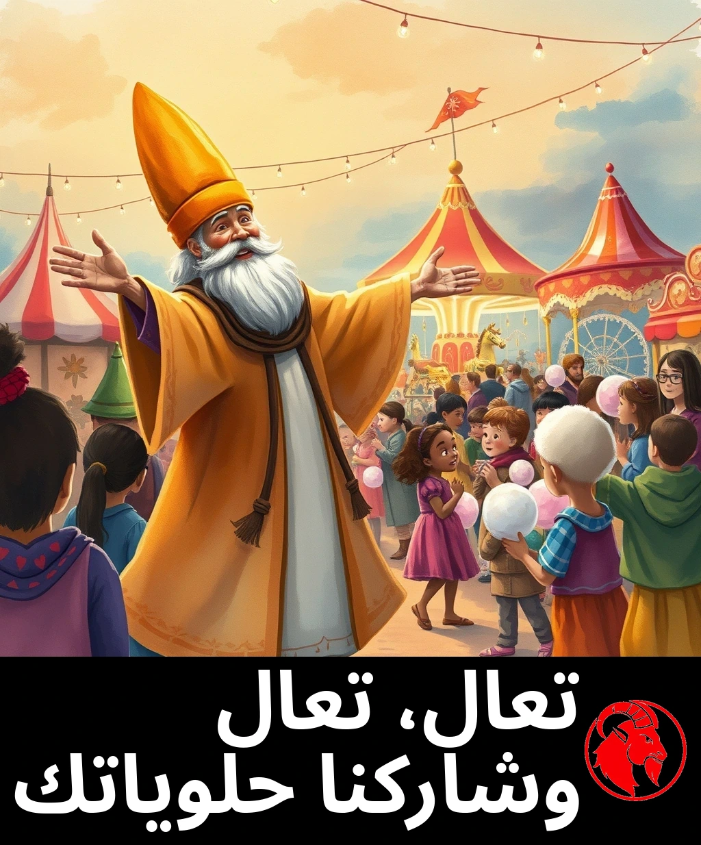 شاعرٌ عجوز مبتهج بقبّعة لبّادٍ عالية يفتح ذراعيه على وسعهما، مرحّباً بأطفالٍ يحملون غزل البنات نحو مهرجانٍ متلألئ.
