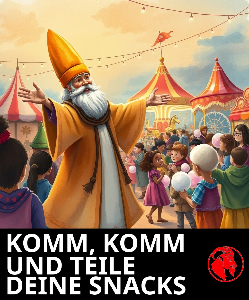 Ein fröhlicher alter Dichter mit hohem Filzhut breitet weit die Arme aus und heißt Kinder mit Zuckerwatte auf einem leuchtenden Jahrmarkt willkommen.