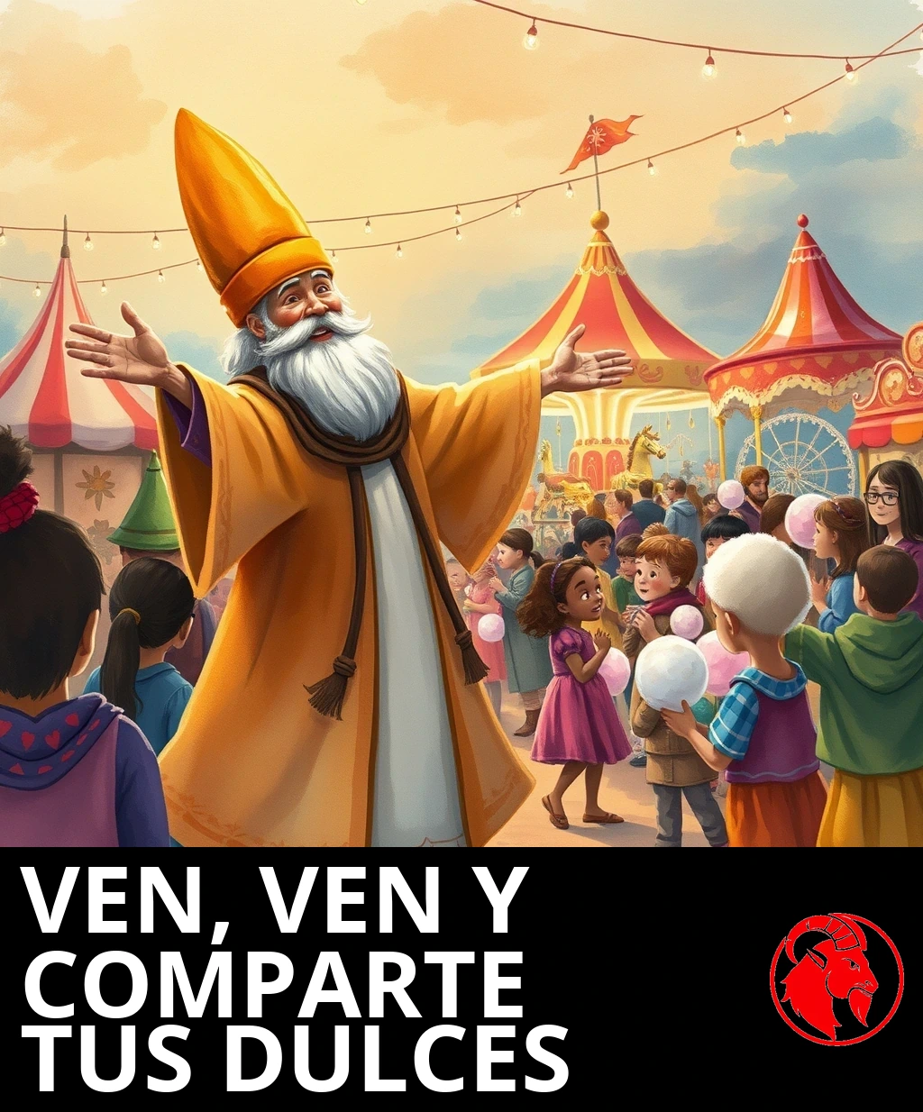 Un viejo poeta jubiloso con un alto gorro de fieltro abre los brazos de par en par, dando la bienvenida a niños con algodón de azúcar hacia una feria resplandeciente.