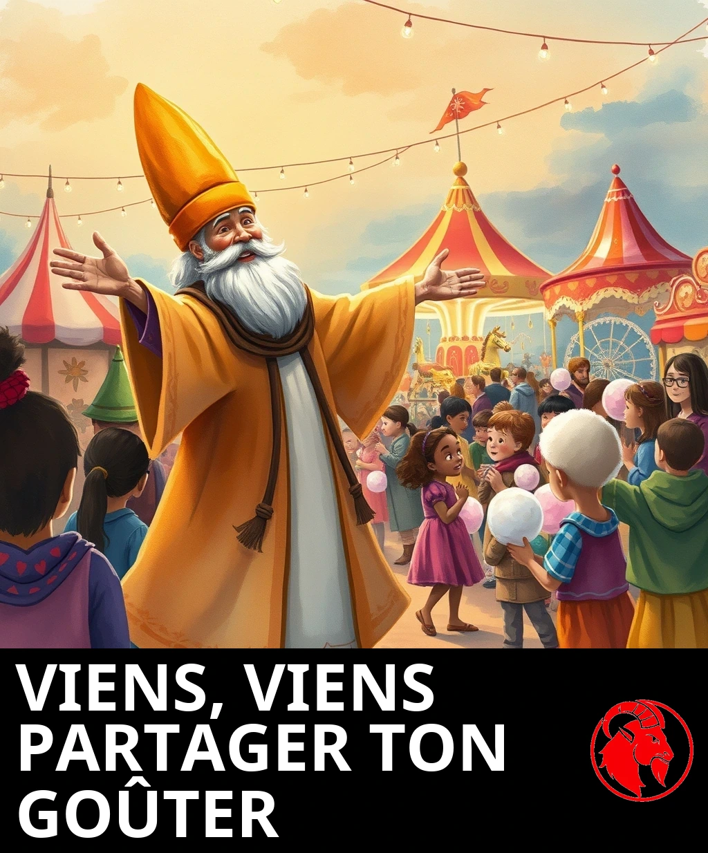 Un vieux poète joyeux, coiffé d'un haut bonnet de feutre, ouvre grand les bras et accueille des enfants tenant de la barbe à papa vers une fête foraine lumineuse.