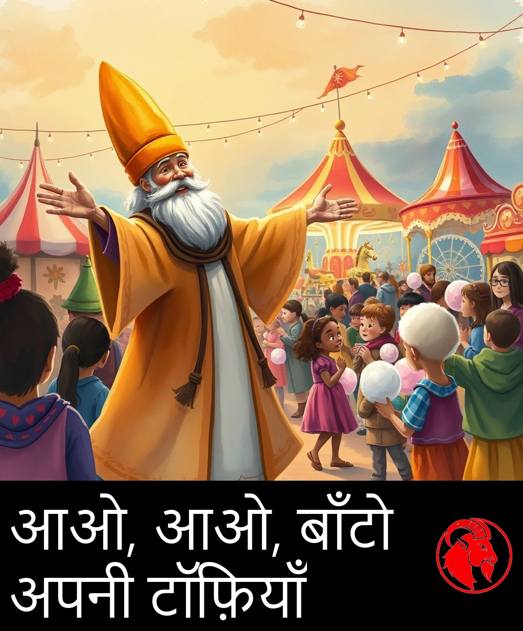 ऊँची नमदे की टोपी पहने एक ख़ुशमिज़ाज बूढ़ा शायर बाँहें फैलाए, बुढ़िया के बाल लिए बच्चों का जगमगाते मेले की ओर स्वागत कर रहा है।
