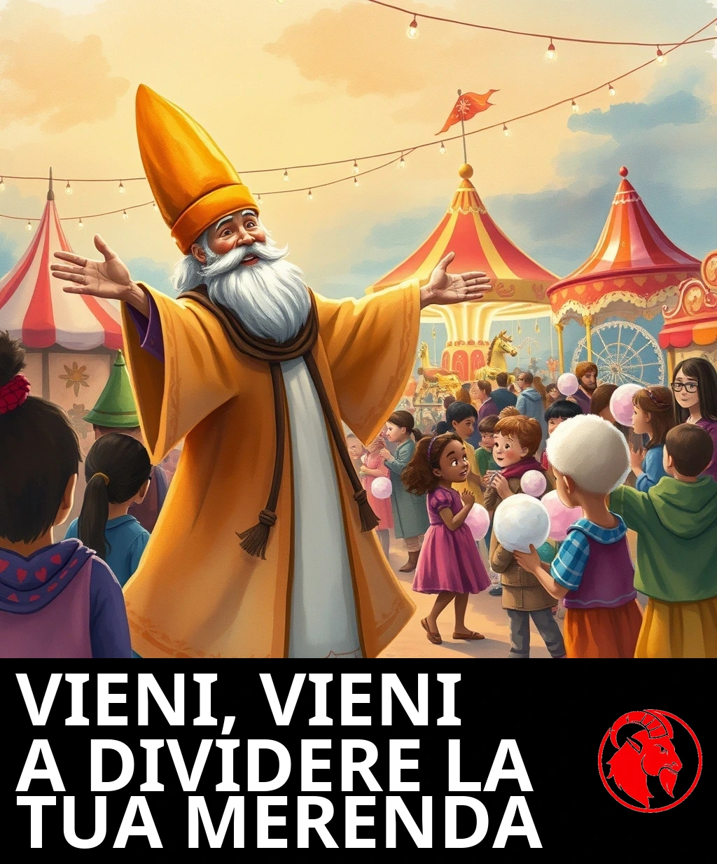 Un vecchio poeta raggiante, con un alto cappello di feltro, spalanca le braccia e accoglie i bambini con lo zucchero filato verso un luna park scintillante.