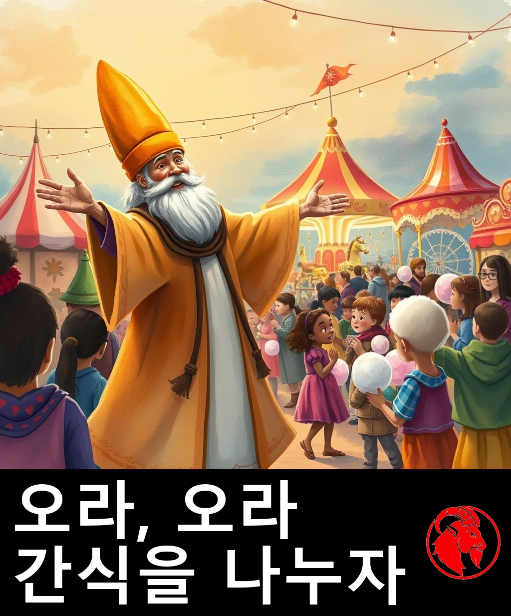 높다란 펠트 모자를 쓴 쾌활한 늙은 시인이 두 팔을 활짝 벌리고, 솜사탕을 든 아이들을 반짝이는 축제 마당으로 맞이하고 있다.