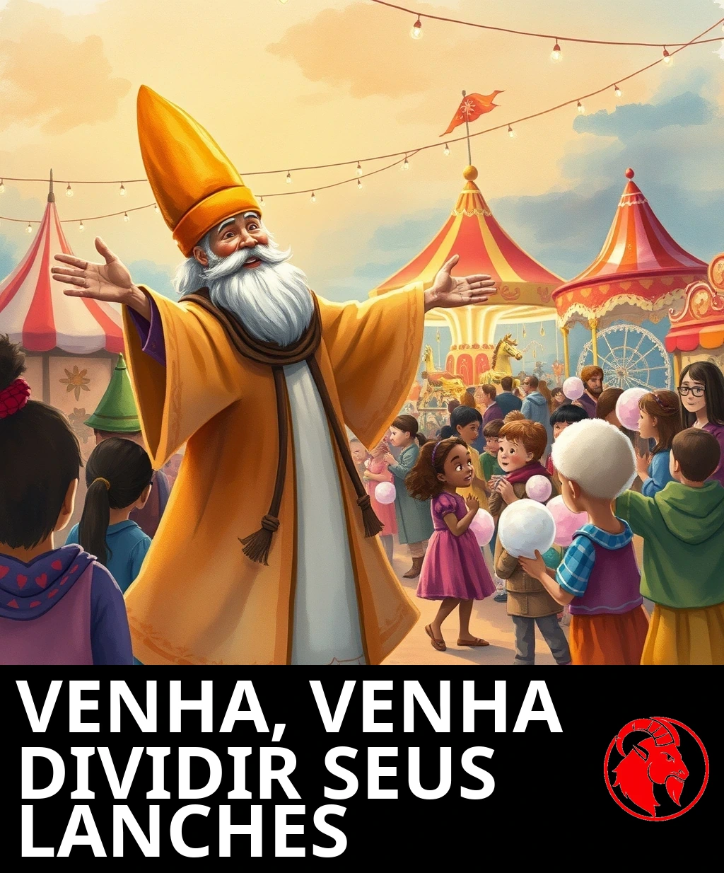 Um velho poeta radiante, de alto chapéu de feltro, abre bem os braços, dando as boas-vindas a crianças com algodão-doce rumo a um parque de diversões iluminado.