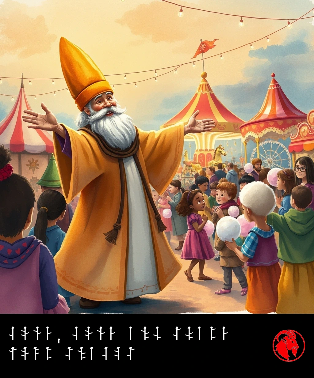 A joyful old poet in a tall felt hat throws his arms wide, welcoming children with cotton candy toward a glowing carnival.