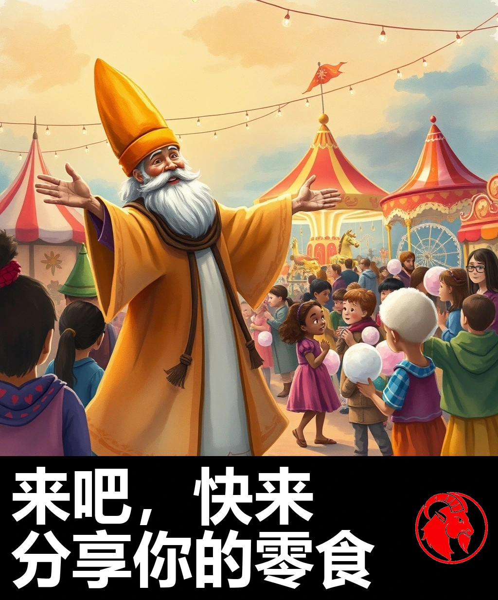 一位喜气洋洋的老诗人戴着高高的毡帽，张开双臂，迎接拿着棉花糖的孩子们走向灯火通明的游乐场。