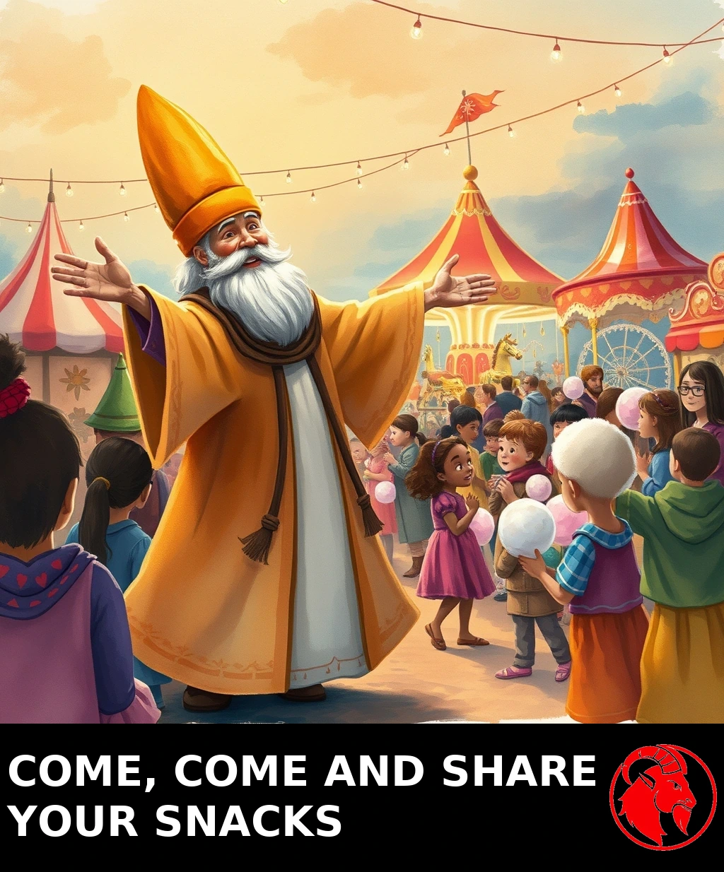A joyful old poet in a tall felt hat throws his arms wide, welcoming children with cotton candy toward a glowing carnival.