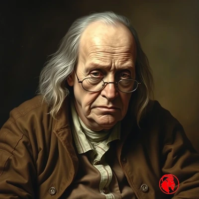 A pitiful, decrepit three-hundred-year-old Benjamin Franklin, gray and defeated, slumped in his heavy colonial coat.