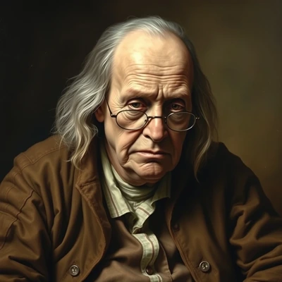 Un Benjamin Franklin lamentable y decrépito de trescientos años, gris y derrotado, desplomado en su pesado abrigo colonial.