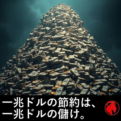 嵐の空へそびえ立つ、札束でできた巨大な山