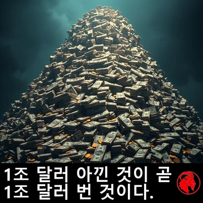 폭풍우 치는 하늘로 치솟는 거대한 돈더미 산