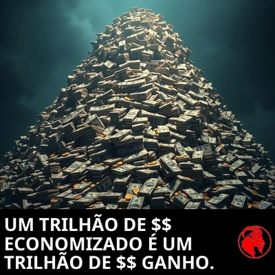 Uma montanha altíssima de dinheiro subindo até um céu tempestuoso