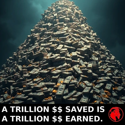 A towering mountain of money reaching into a stormy sky