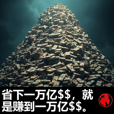 一座高耸入云、直插风暴天空的钞票大山。