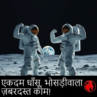 अमेरिकी अंतरिक्ष यात्री चाँद पर विजयी अंदाज़ में अकड़ते हुए