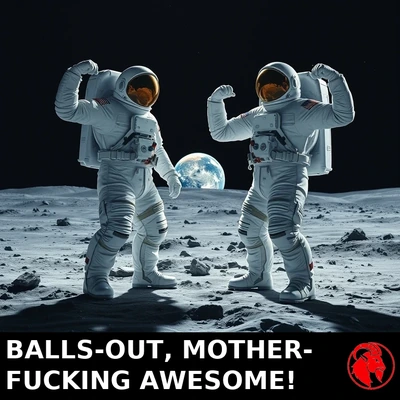 American astronauts flexing triumphant poses on the moon
