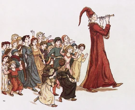 Kate Greenaway's illustration for Robert Browning's 'The Pied Piper of Hamelin' (1888): the piper in red-and-yellow motley leads a long procession of the town's children out through the gate.