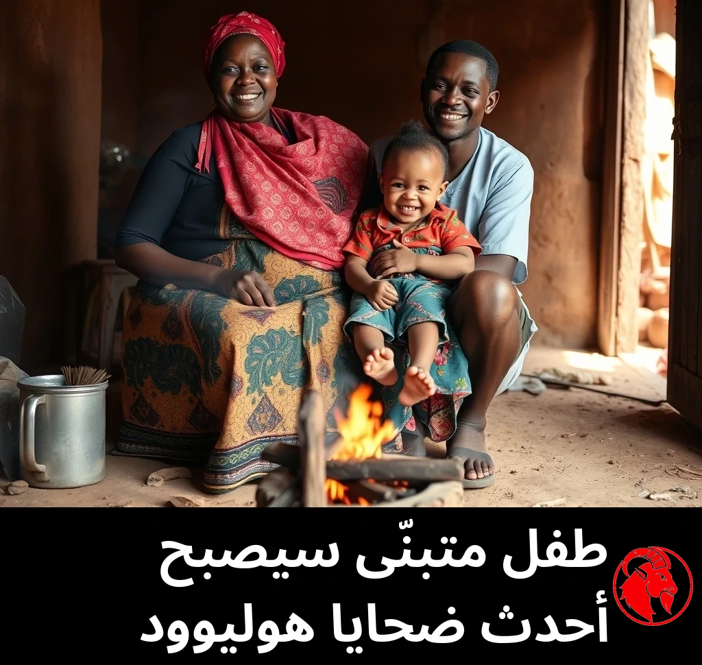 أم وأب مبتسمان وطفلة في الثانية من عمرها تضحك، يقفون معًا لالتقاط صورة في بيتهم المتواضع في الريف الأفريقي، بجوار موقد طهي مكشوف على أرضية ترابية مدكوكة.