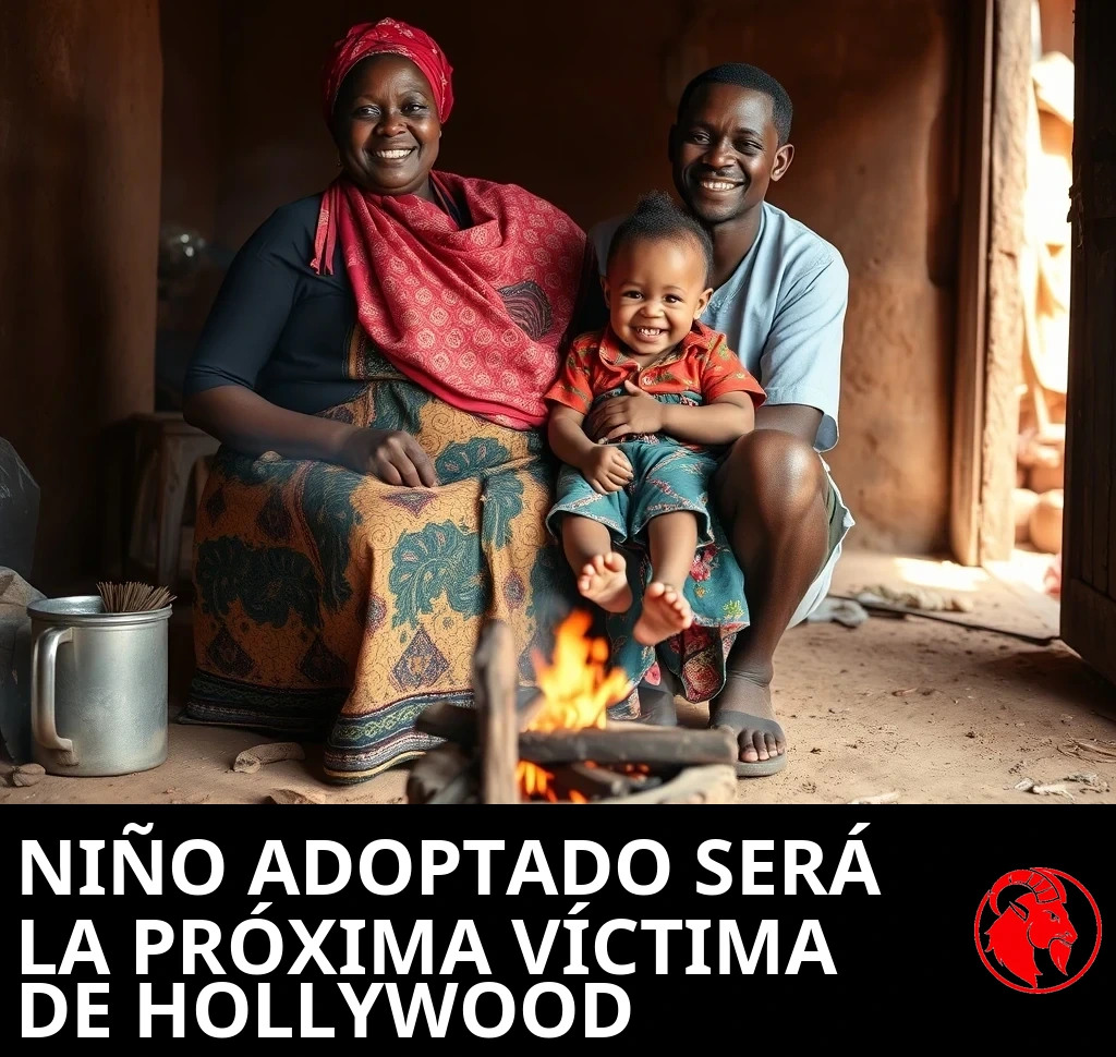 Una madre, un padre y una niña rural africana de dos años, sonrientes y riendo, posan juntos en su humilde hogar junto a una fogata abierta sobre un piso de tierra apisonada.