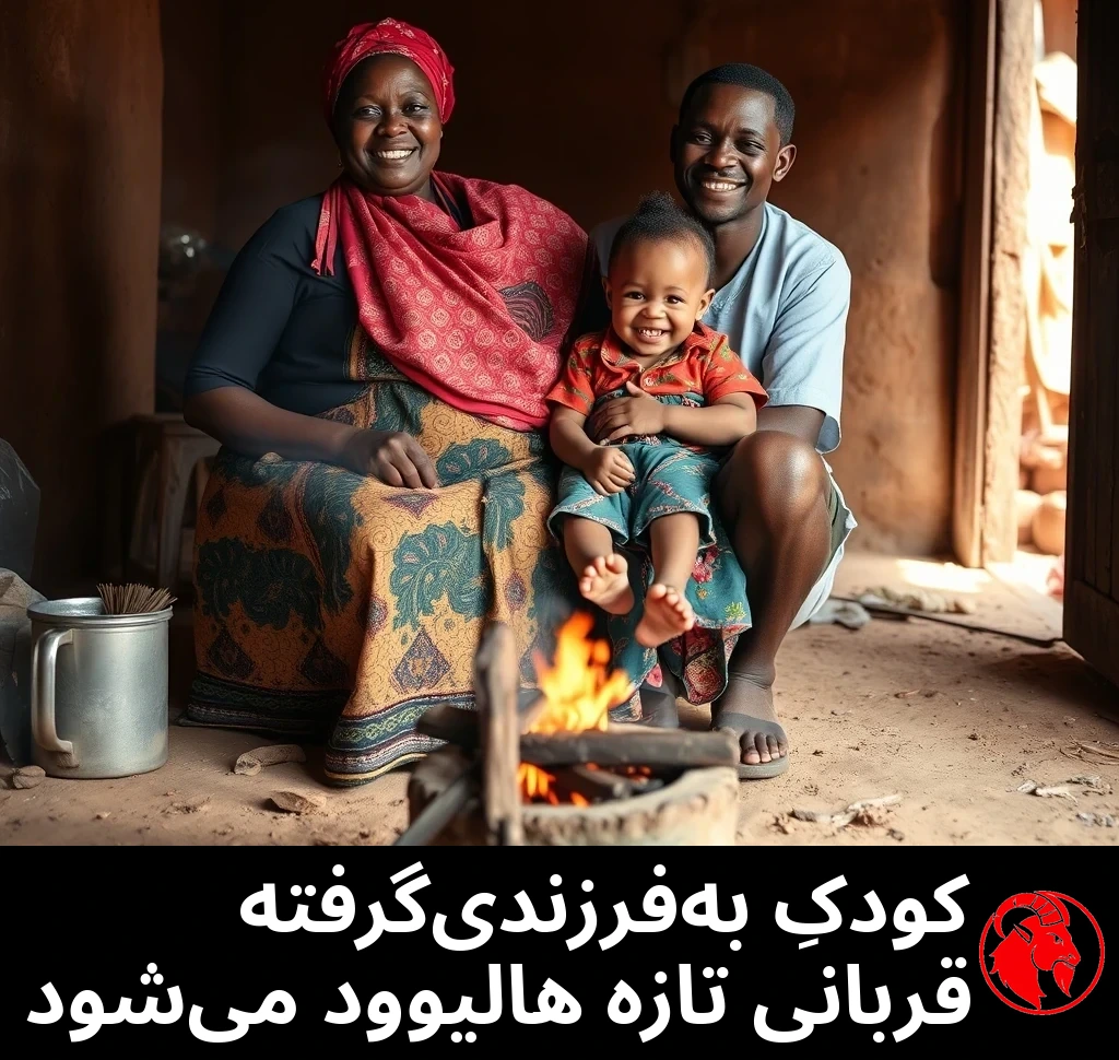مادر و پدر روستایی آفریقایی با لبخند، همراه دخترک دوساله‌ی در حال خنده، کنار اجاق آتشِ باز روی کف خاکیِ خانه‌ی محقرشان با هم عکس گرفته‌اند.