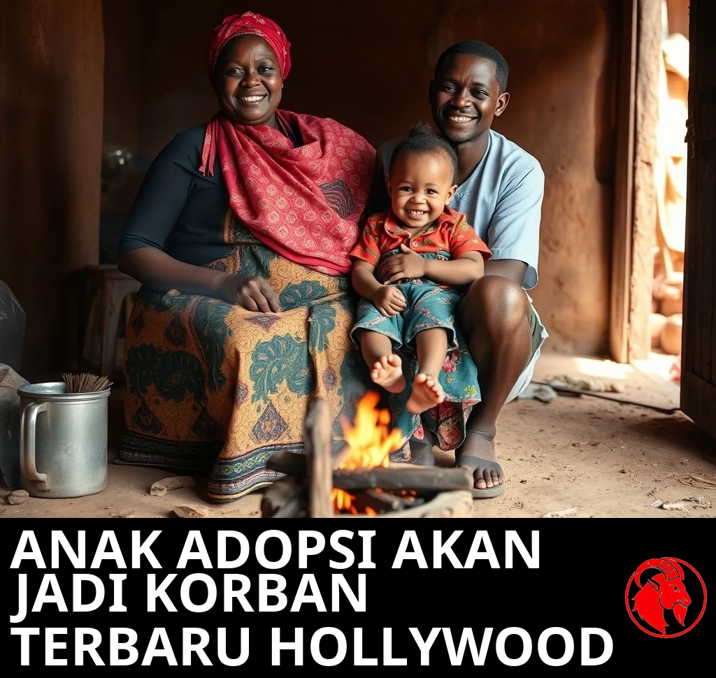 Seorang ibu, ayah, dan anak perempuan dua tahun yang tertawa riang berpose bersama sambil tersenyum di rumah sederhana mereka di pedesaan Afrika, di samping tungku api terbuka di atas lantai tanah yang dipadatkan.