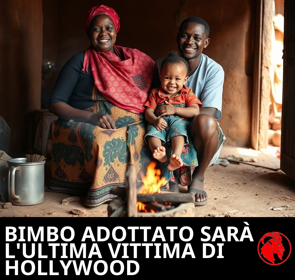 Una madre e un padre sorridenti e una bimba di due anni che ride posano insieme nella loro casa modesta dell'Africa rurale, accanto a un fuoco da cucina all'aperto su un pavimento di terra battuta.
