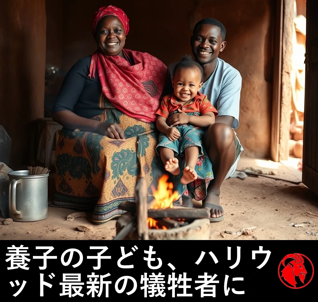アフリカの農村にあるつつましい家の中、地面を固めた床の直火のかまどのそばで、ほほえむ母と父、笑い転げる2歳の女の子が一緒にポーズをとっている。