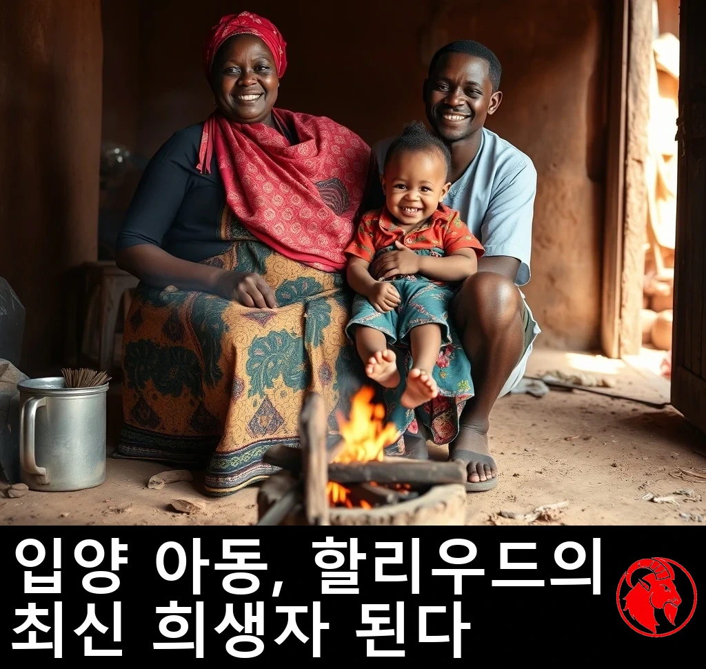 아프리카 시골의 소박한 집 안, 다진 흙바닥 위 노천 화덕 옆에서 미소 짓는 엄마와 아빠, 깔깔 웃는 두 살배기 딸이 함께 포즈를 취하고 있다.