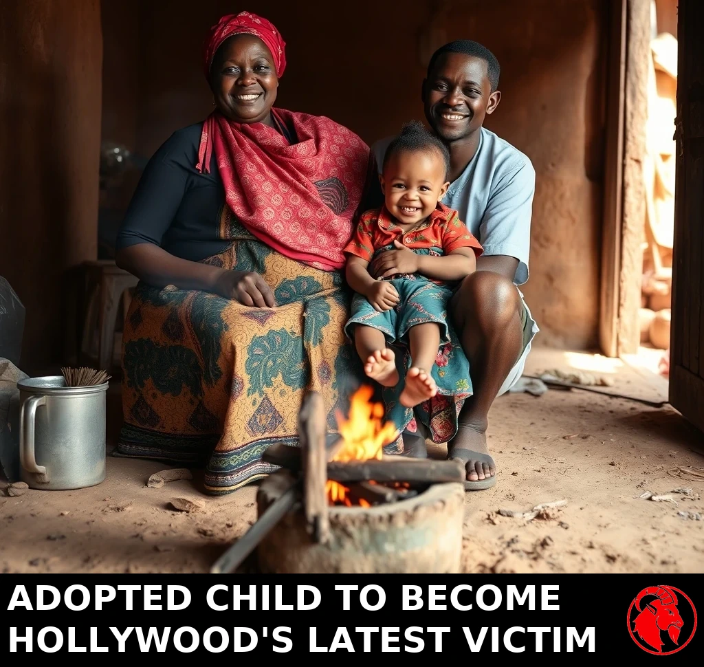 A smiling rural African mother, father and laughing two-year-old pose together in their modest home beside an open cooking fire on a packed-earth floor.