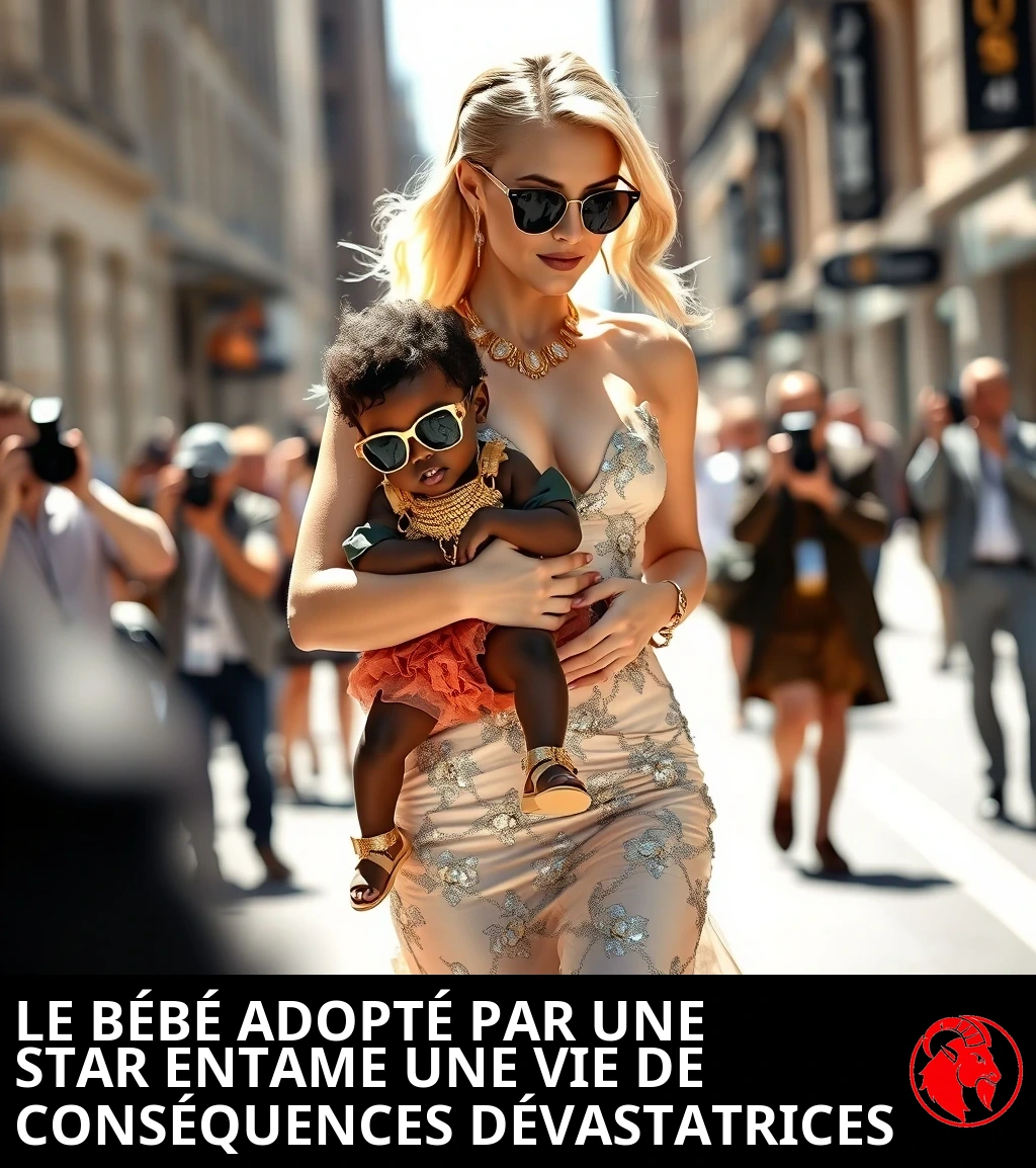 Une célébrité blanche et glamour en haute couture marche dans une rue ensoleillée en portant une petite Africaine habillée de vêtements de créateurs miniatures, de lourds bijoux en or et de lunettes de soleil surdimensionnées, comme un accessoire de mode.