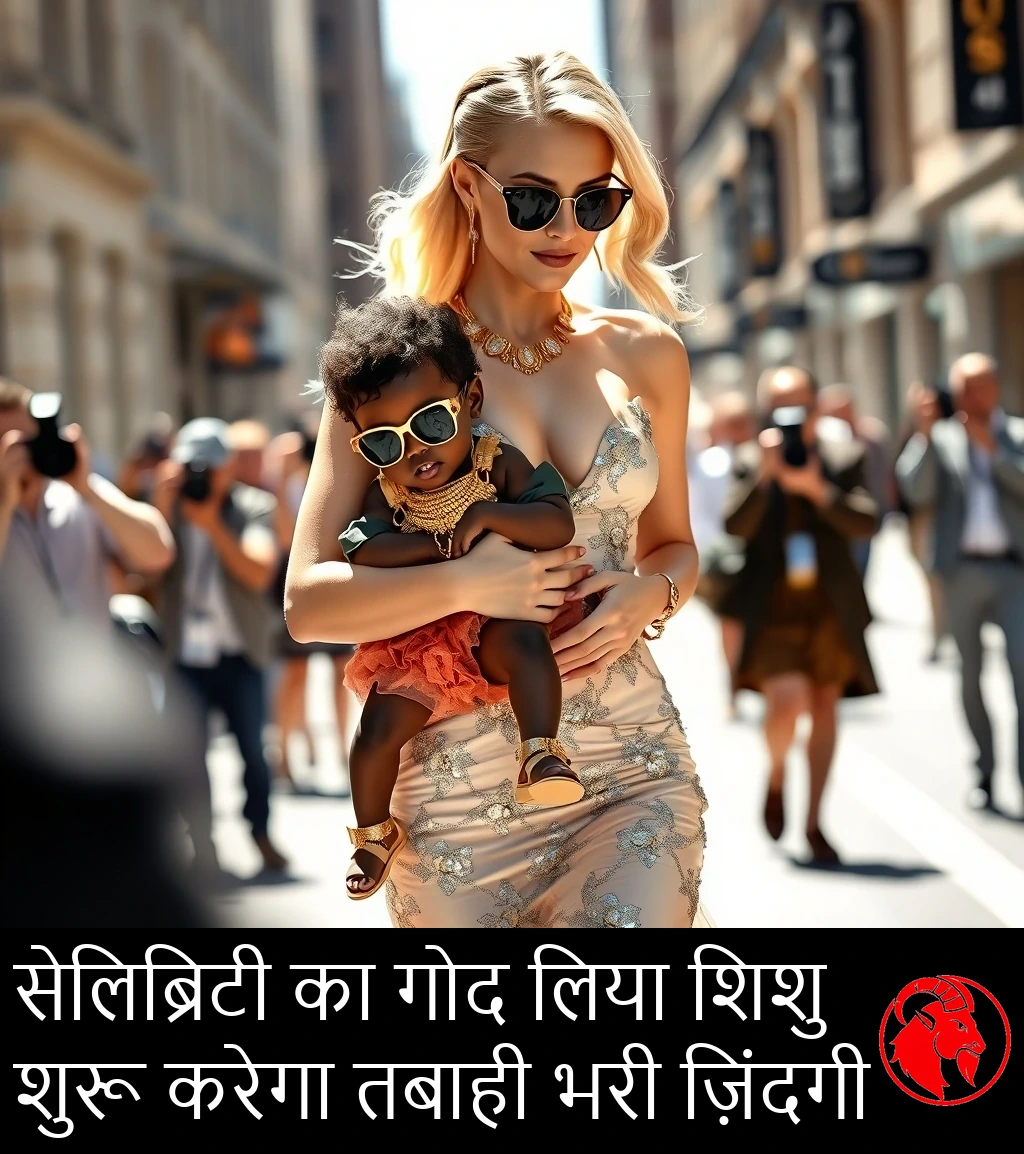 डिज़ाइनर पोशाक में एक ग्लैमरस श्वेत सेलिब्रिटी धूप भरी सड़क पर एक अफ़्रीकी बच्ची को फ़ैशन एक्सेसरी की तरह उठाए चल रही है, जिसे नन्हे डिज़ाइनर कपड़े, भारी सोने के गहने और बड़े-बड़े धूप के चश्मे पहनाए गए हैं।