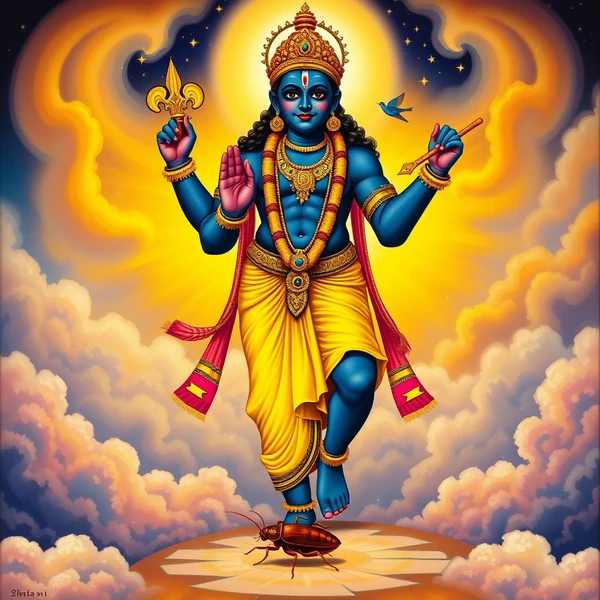 Traditional Indian devotional chromolithograph: blue-skinned Krishna in his Vishvarupa cosmic form, multiple arms holding sacred attributes, golden crown and yellow silk dhoti, standing on a mandala platform amid clouds with a radiant halo of stars behind him. A small brown cockroach with antennae sits on the platform near his raised foot, about to be stepped on.