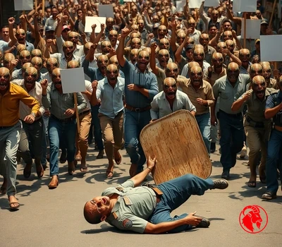 A dense rioting crowd of human-cockroach hybrid mutants surges through an Indian street; one human cop fallen in the foreground