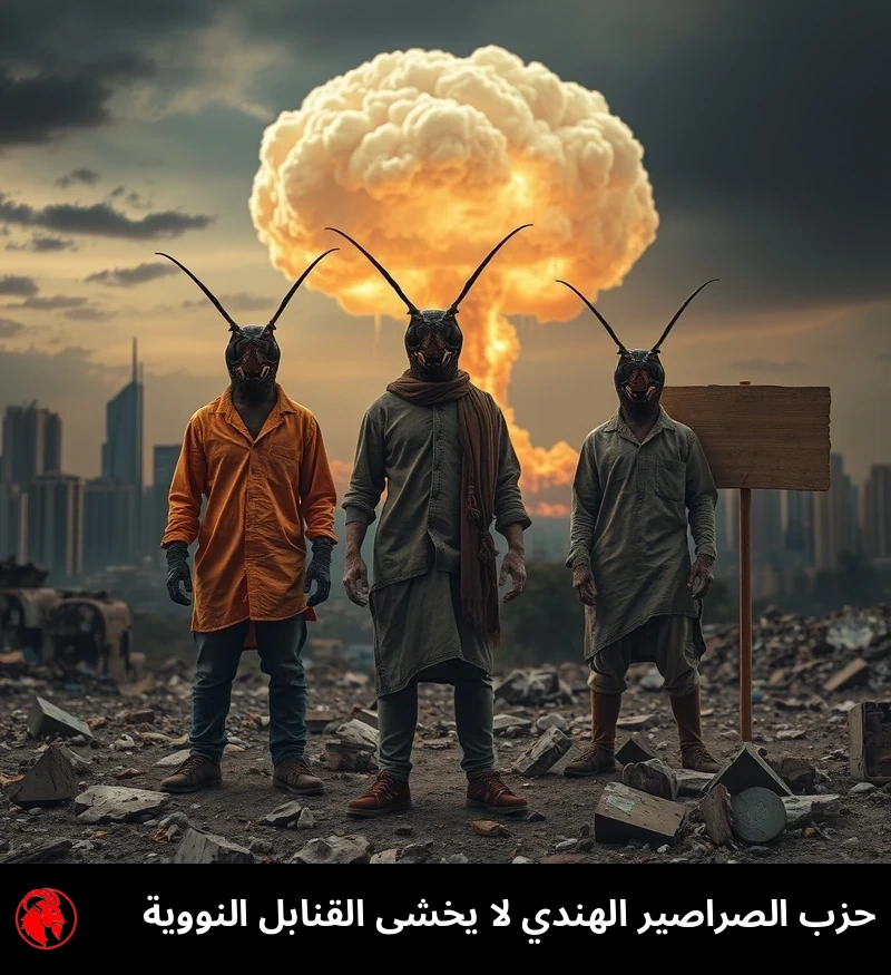 صورة لما بعد نهاية العالم: سحابة فطرية هائلة ترتفع من الأفق الهندي المُدمَّر في البعيد؛ في المقدّمة، يقف صرصوران أو ثلاثة من المسوخ الهجينة بين الإنسان والصرصور بملابس شارع ممزّقة بهدوء وسط الأنقاض، غير آبهين إطلاقاً بنهاية العالم خلفهم.