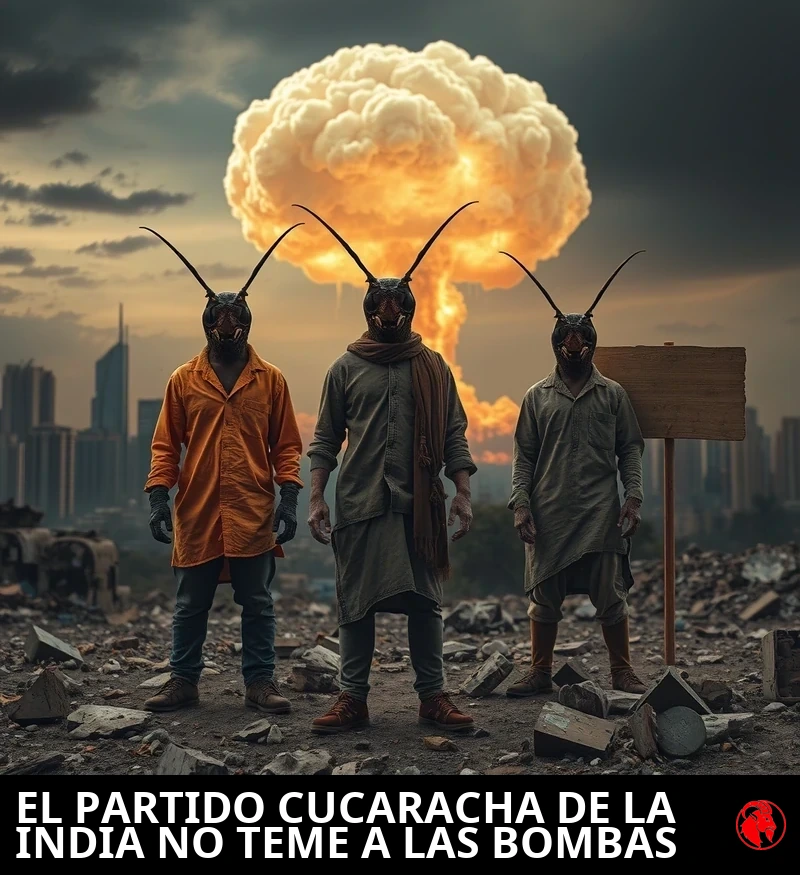 Fotografía posapocalíptica: un enorme hongo nuclear se alza sobre el arruinado horizonte indio a lo lejos; en primer plano, dos o tres mutantes híbridos humano-cucaracha con ropa de calle hecha jirones permanecen tranquilos entre los escombros, completamente indiferentes al apocalipsis a sus espaldas.