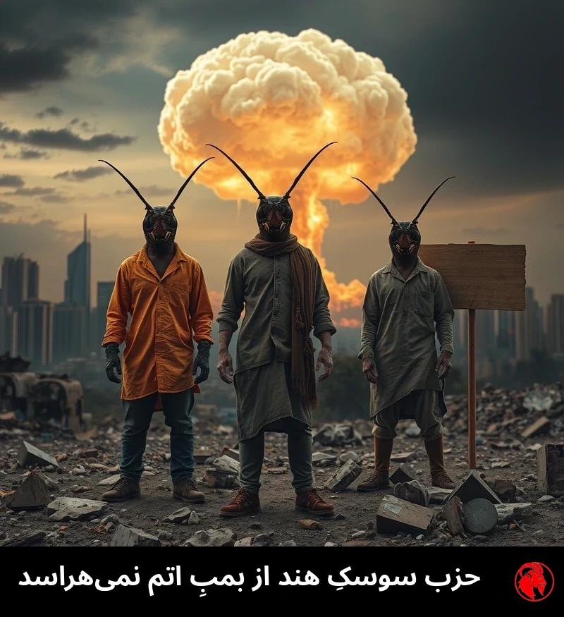 عکسی پساآخرالزمانی: قارچی عظیم از انفجار در دوردست از خطِ آسمانِ ویران‌شده‌ی هند بالا می‌رود؛ در پیش‌زمینه، دو یا سه جهش‌یافته‌ی دورگه‌ی انسان-سوسک با لباس‌های پاره‌پاره‌ی خیابانی آرام در میان آوار ایستاده‌اند، بی‌آنکه ذره‌ای از آخرالزمانِ پشتِ سرشان دلواپس باشند.