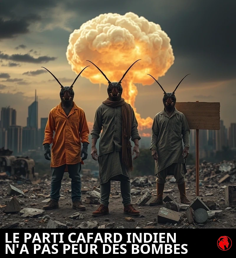 Photographie post-apocalyptique : un immense champignon atomique s'élève au loin sur l'horizon indien en ruine ; au premier plan, deux ou trois mutants hybrides homme-cafard en vêtements de rue en lambeaux se tiennent calmement parmi les décombres, parfaitement indifférents à l'apocalypse derrière eux.