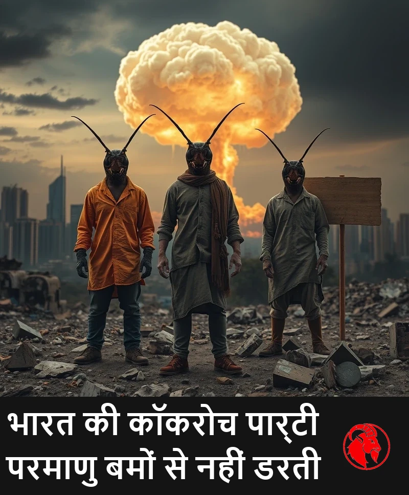 परा-सर्वनाशक तस्वीर: दूर में बर्बाद भारतीय क्षितिज से एक विशाल मशरूम बादल उठ रहा है; अग्रभूमि में, फटे हुए सड़क के कपड़ों में दो या तीन कॉकरोच-मानव संकर उत्परिवर्ती खंडहरों के बीच शांति से खड़े हैं, उनके पीछे के सर्वनाश से बिल्कुल बेखबर।