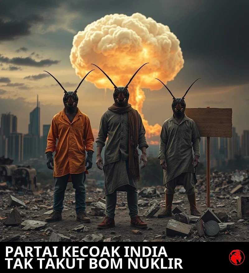 Foto pascaapokaliptik: awan jamur raksasa membubung dari cakrawala India yang hancur di kejauhan; di latar depan, dua atau tiga mutan hibrida manusia-kecoak dengan pakaian jalanan compang-camping berdiri tenang di antara puing-puing, sama sekali tak terganggu oleh kiamat di belakang mereka.