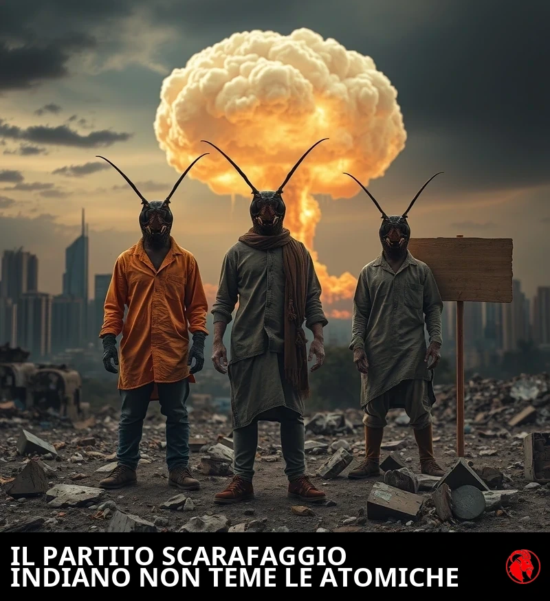Fotografia post-apocalittica: in lontananza un enorme fungo atomico si leva dallo skyline indiano in rovina; in primo piano, due o tre mutanti ibridi uomo-scarafaggio in laceri abiti da strada se ne stanno tranquilli tra le macerie, del tutto indifferenti all'apocalisse alle loro spalle.