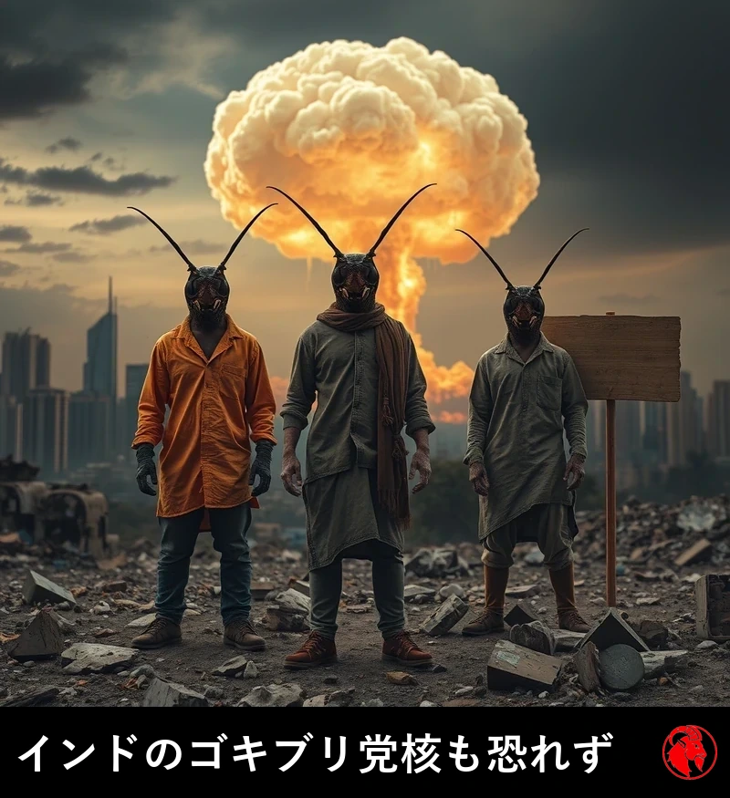 ポストアポカリプスの写真：遠くの廃墟と化したインドのスカイラインから巨大なきのこ雲が立ちのぼる。手前では、ぼろぼろの街着をまとった人間とゴキブリの混血ミュータントが二、三体、瓦礫の中に平然と立ち、背後の終末にまったく動じていない。