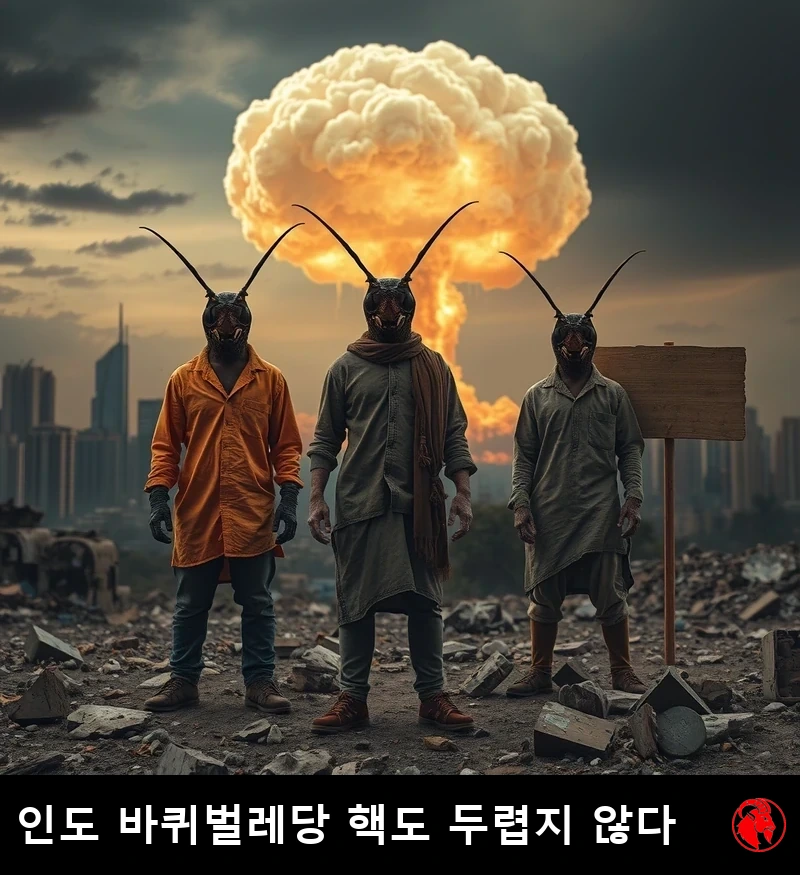 포스트 아포칼립스 사진: 멀리 폐허가 된 인도의 스카이라인에서 거대한 버섯구름이 피어오른다. 전경에는 너덜너덜한 거리 옷차림의 인간-바퀴벌레 혼종 돌연변이 두세 마리가 잔해 속에 태연히 서서, 등 뒤의 종말에는 전혀 아랑곳하지 않는다.