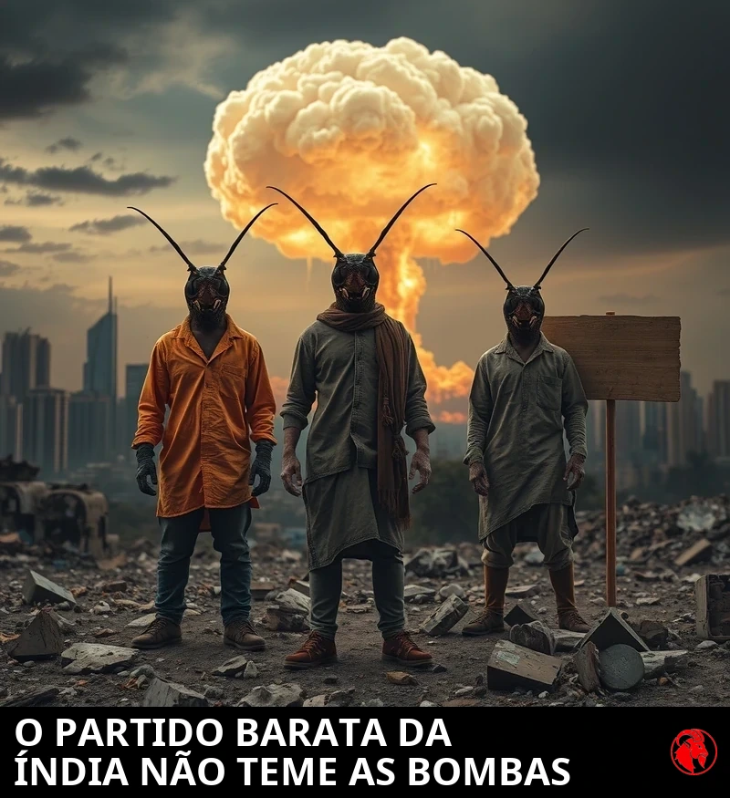 Fotografia pós-apocalíptica: um enorme cogumelo atômico se ergue ao longe sobre o arruinado horizonte indiano; em primeiro plano, dois ou três mutantes híbridos humano-barata com roupas de rua esfarrapadas permanecem calmos em meio aos escombros, completamente indiferentes ao apocalipse atrás deles.