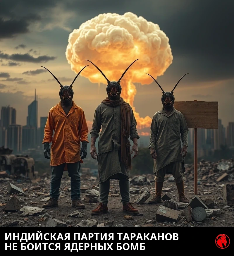 Постапокалиптическая фотография: вдалеке над разрушенным индийским горизонтом поднимается огромный ядерный гриб; на переднем плане два-три гибридных мутанта человек-таракан в изодранной уличной одежде спокойно стоят среди обломков, совершенно безразличные к апокалипсису за их спиной.