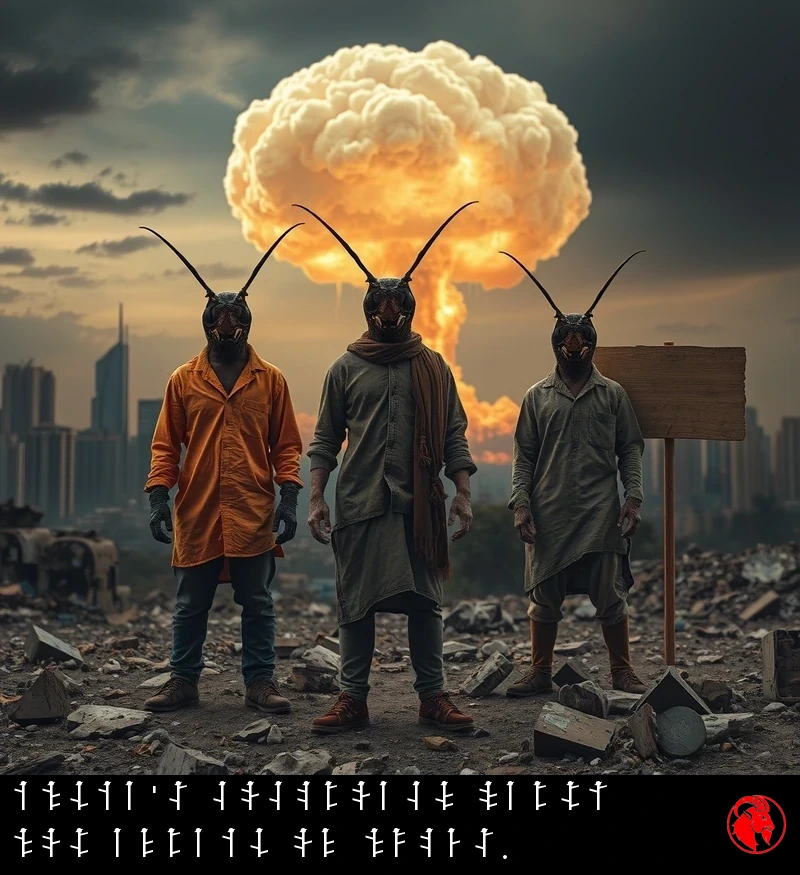 Post-apocalyptic photograph: a massive mushroom cloud rises from the ruined Indian skyline in the distance; in the foreground, two or three human-cockroach hybrid mutants in tattered street clothes stand calmly amid rubble, completely unbothered by the apocalypse behind them.